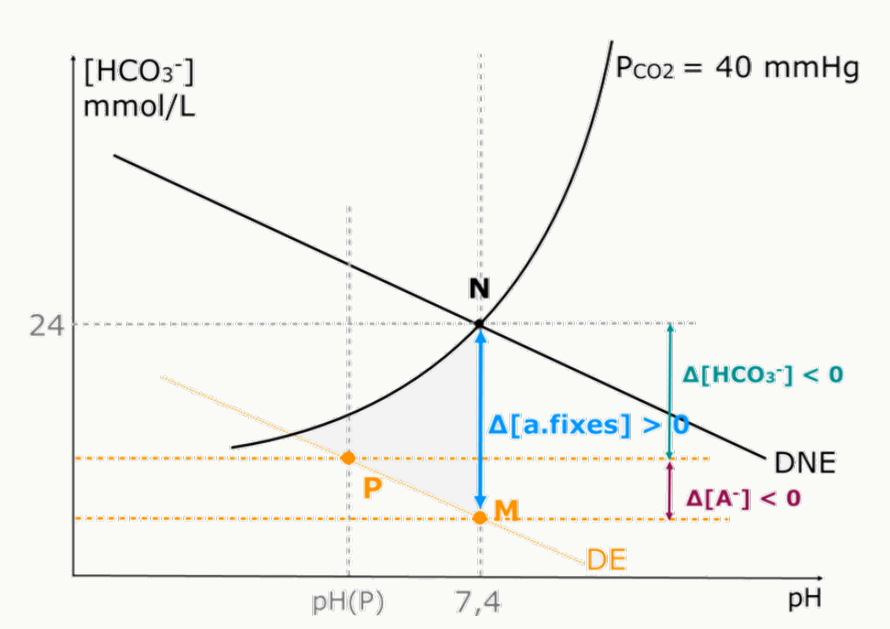 Diagramme de Davenport récapitulatif avec les axes DNE, les quatre quadrants des troubles acide-base, les flèches de compensation