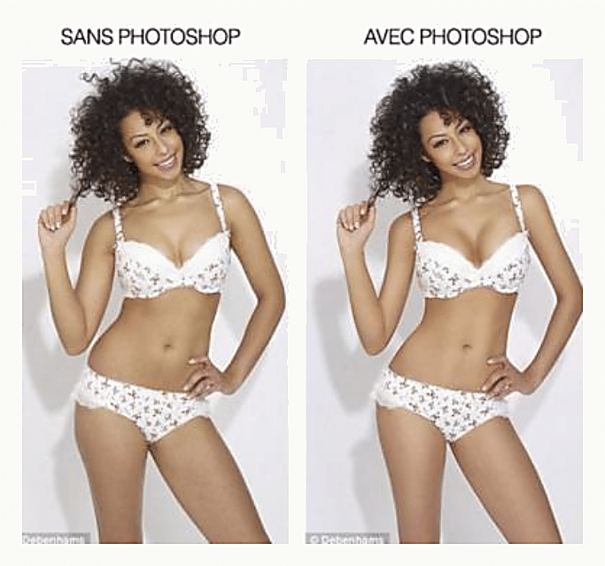 Comparatif d'une même photographie de mannequin en lingerie, à gauche SANS PHOTOSHOP, à droite AVEC PHOTOSHOP avec taille affinée et poitrine remodelée