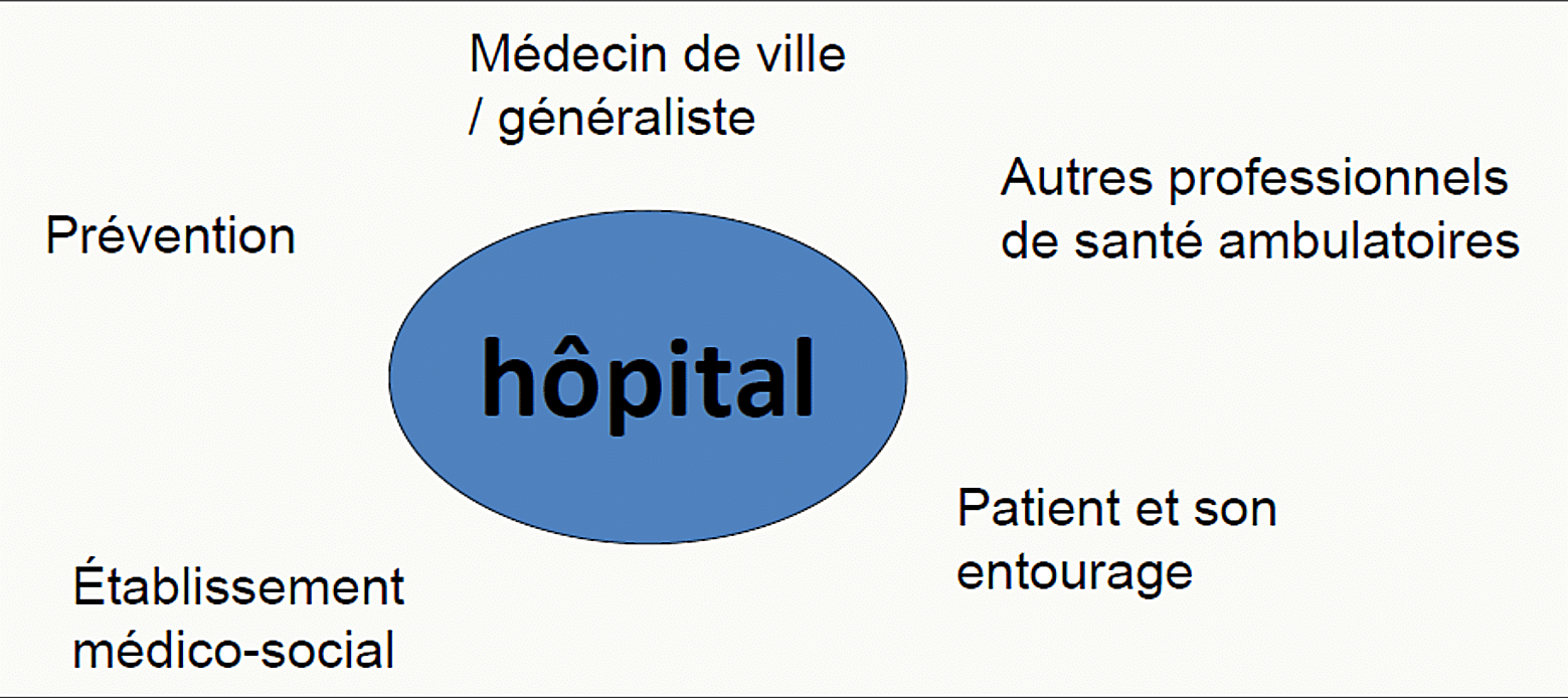 Schéma des acteurs du système de santé autour du patient : hôpital, médecin de ville ou généraliste, autres professionnels de santé ambulatoires, établissement médico-social, prévention