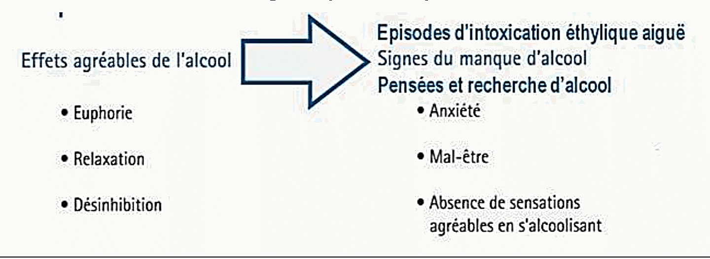 Schéma en flèche montrant le passage progressif de l'usage simple d'alcool (euphorie, relaxation, désinhibition) à la dépendance (épisodes d'intoxication éthylique aiguë, signes du manque, pensées et recherche d'alcool, anxiété, mal-être, absence de sensations agréables en s'alcoolisant)